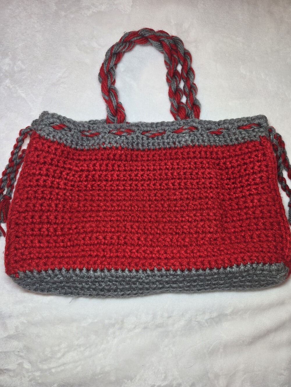 Handmade Crochet Purse Red Gray Tote Bag